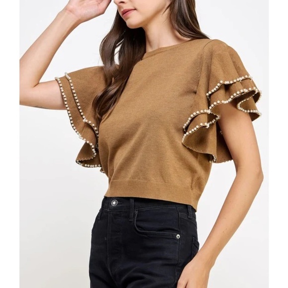 Strut & Bolt Tan Dramatic Statement Ruffle Sleeve Top Women's L Mob Wife - Picture 3 of 13